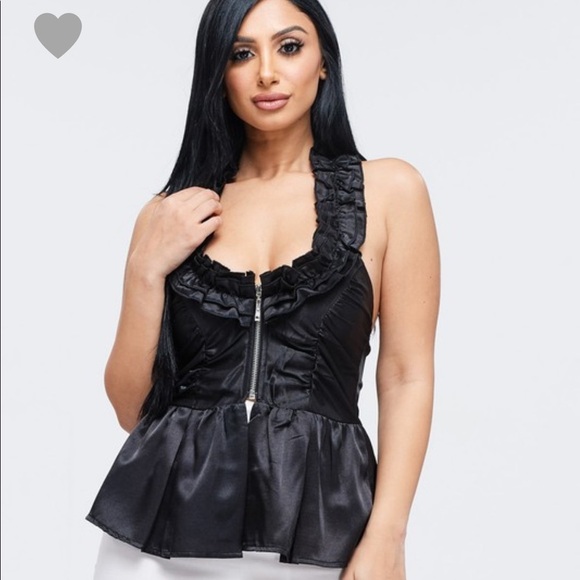 Black Shiny Satin Ruffle Halter Top Stretchy Shirt - Picture 1 of 4